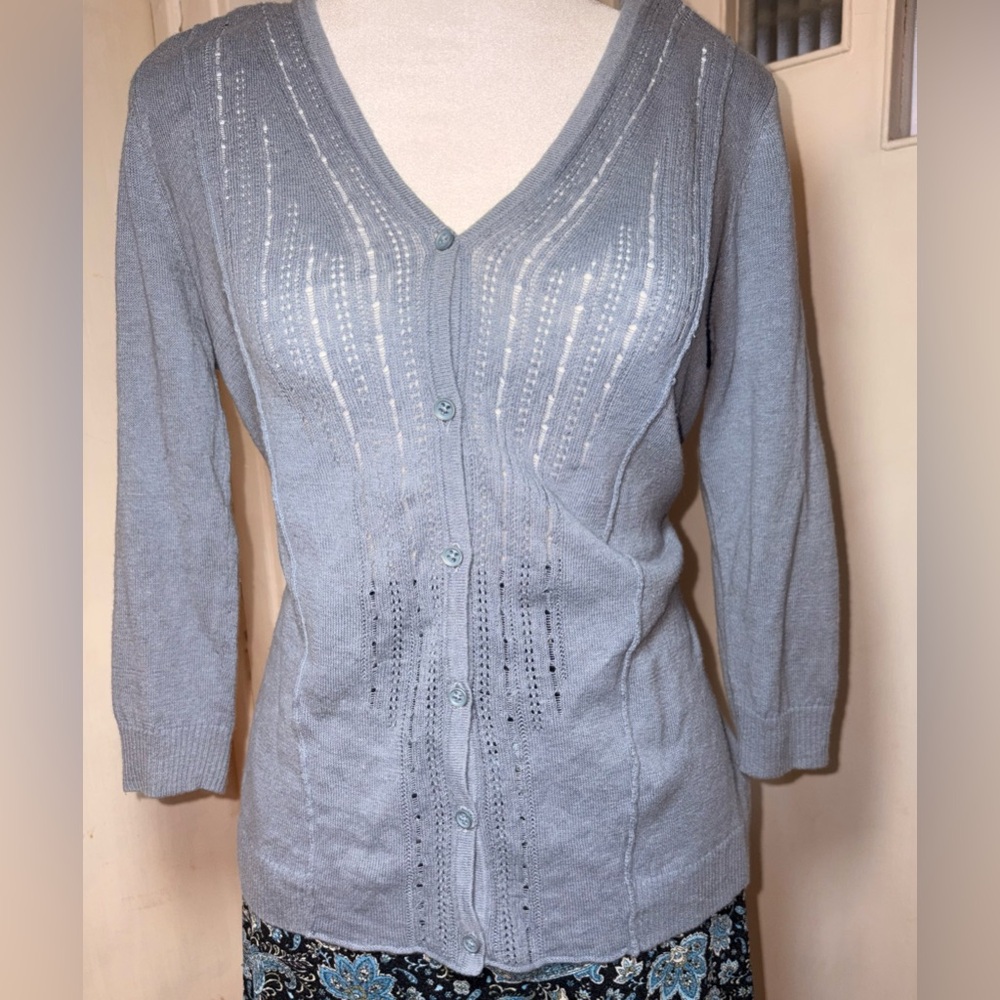 Eddie Bauer Women’s Blue V-Neck Button Cardigan Sweater Medium Linen Cotton Knit